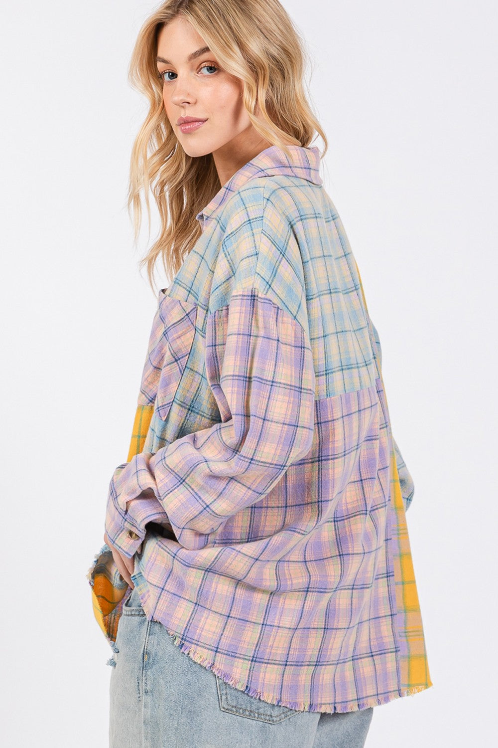 SAGE + FIG Button Up Raw Hem  Plaid Flannel Top In Lavender