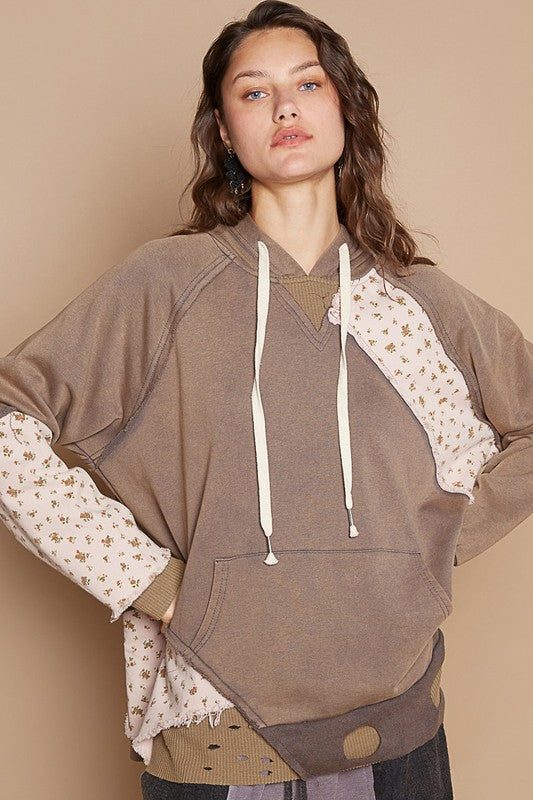 POL Floral Patchwork Distressed Hoodie In Mocha