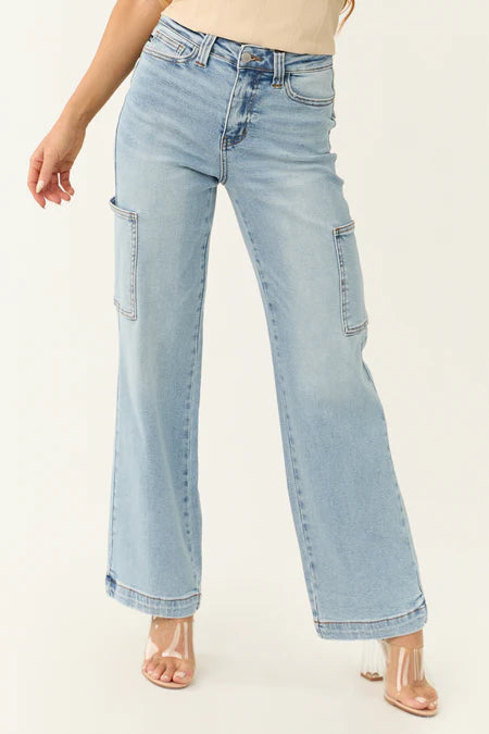 Judy Blue High Waist Straight Cargo Jeans In Light Wash