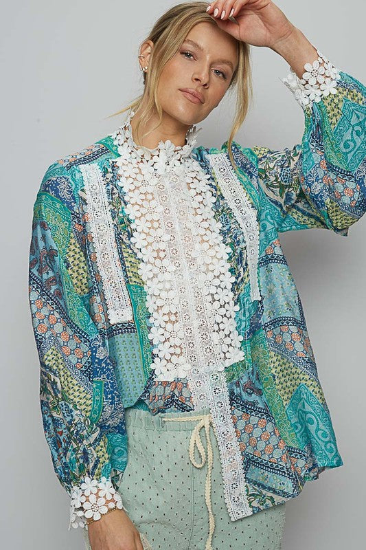 POL Lace Detail Printed Button Down Blouse In Teal