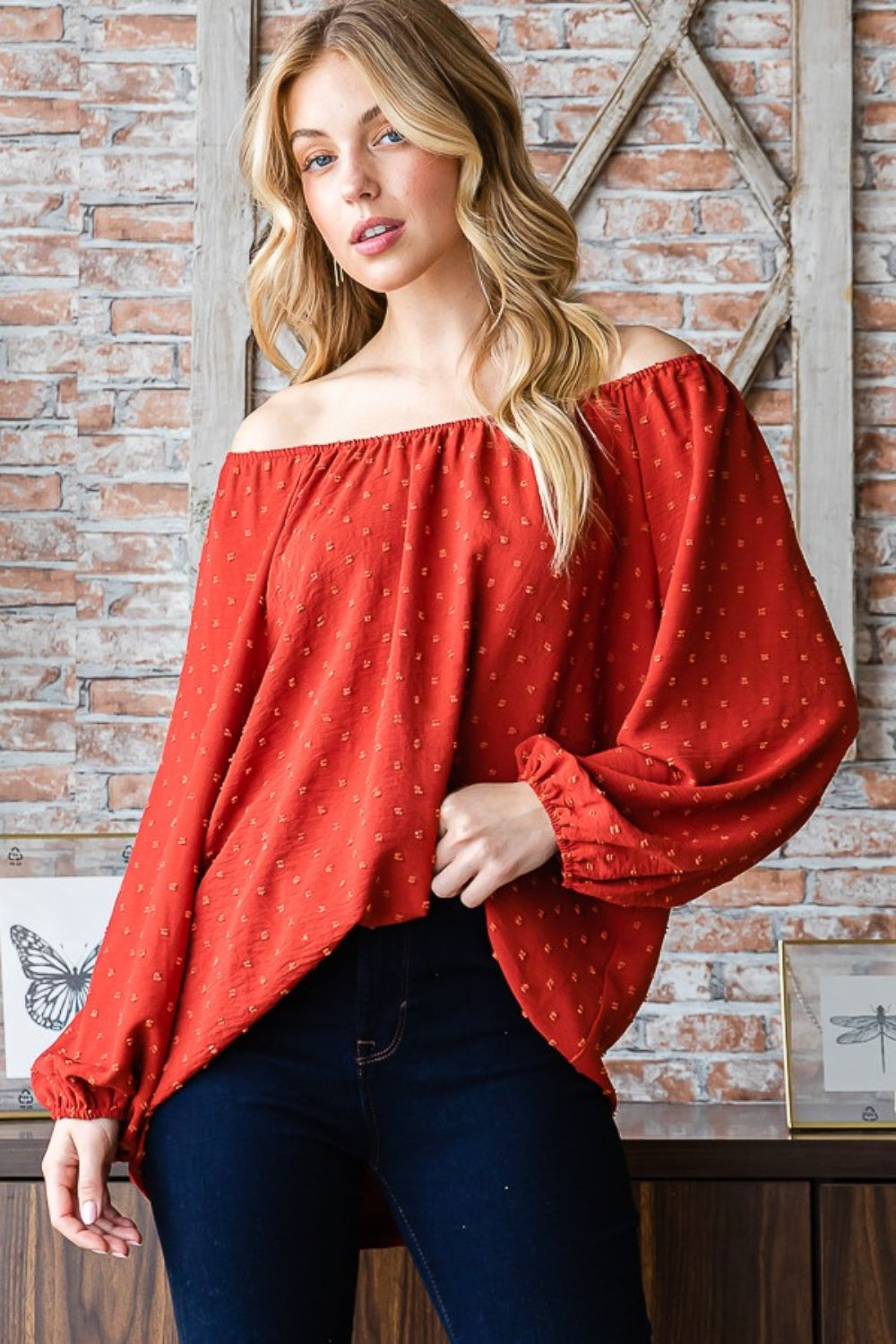 Heimish Swiss Dot Off Shoulder Top In Rust