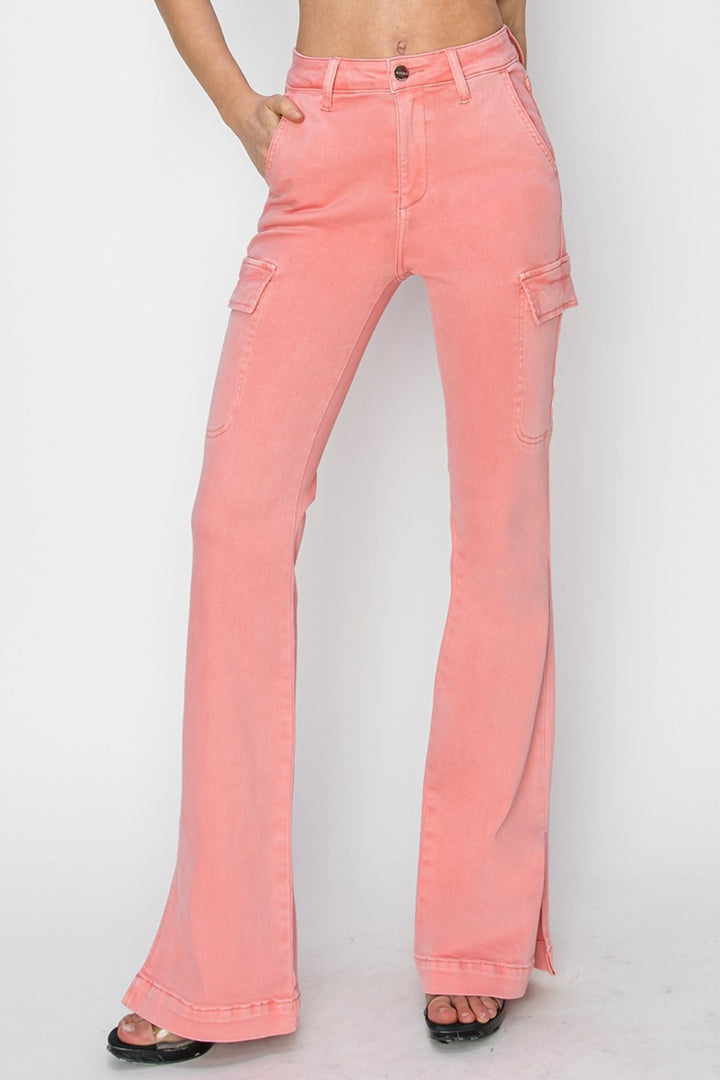 RISEN Pink Out High Rise Side Slit Cargo Bootcut Jeans