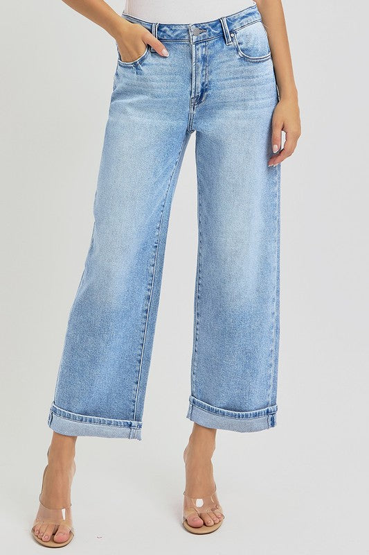 RISEN Ankle Wide Leg Cuffed Jeans In Light Wash