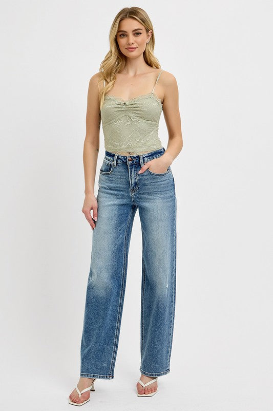 RISEN Distressed Wide Leg Jeans In Medium Wash