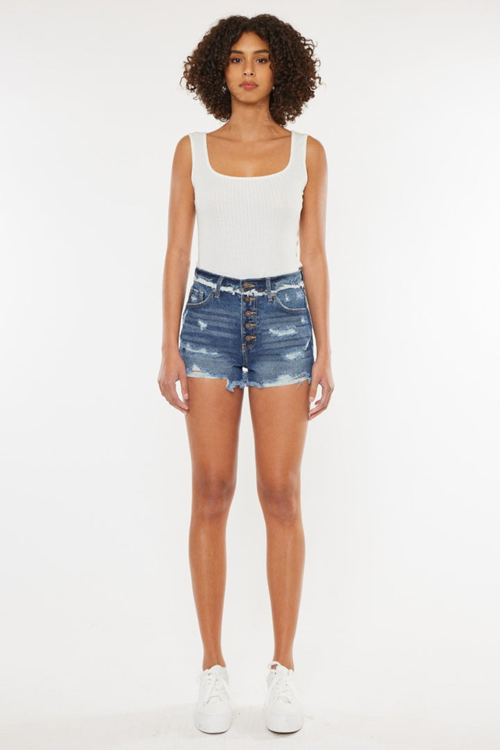 Candy Distressed Button Fly Denim Shorts