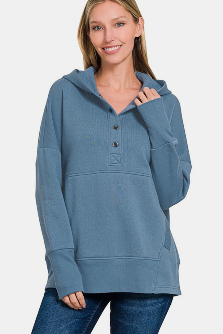 Zenana Half Snap Hoodie with Kangaroo Pocket In Dusty Blue