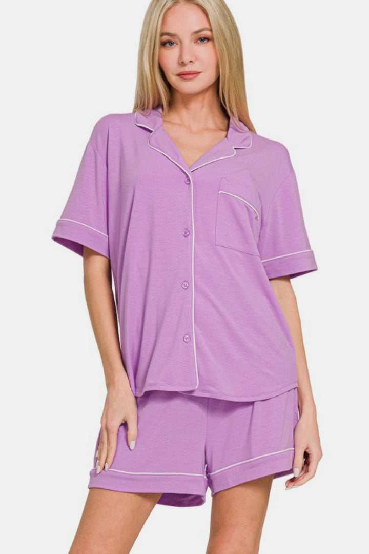 Zenana Button Down Top and Shorts Lounge Set In Heliotrope