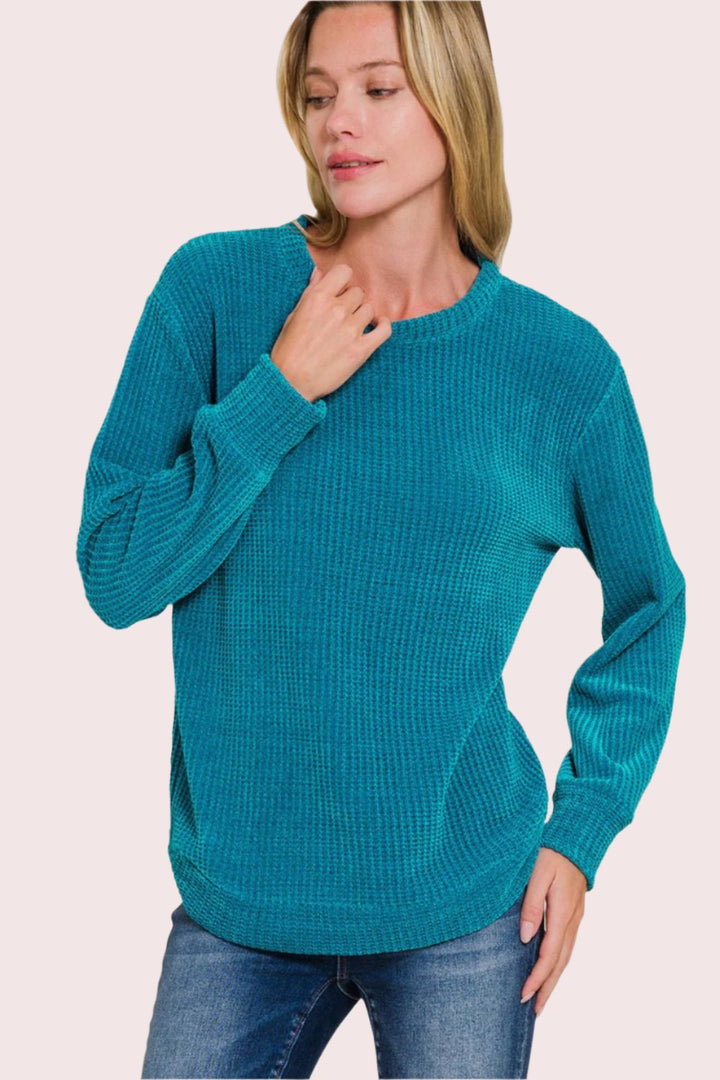 Zenana Chenille Waffle Round Neck Sweater In Ocean Teal