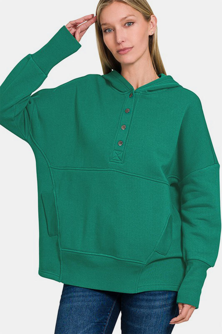 Zenana Half Snap Hoodie with Kangaroo Pocket In Dark Green