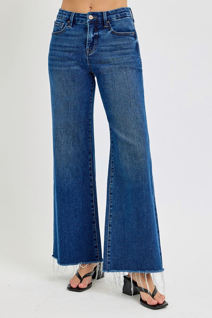 RISEN Tummy Control High Rise Wide Leg Jeans In Dark Wash