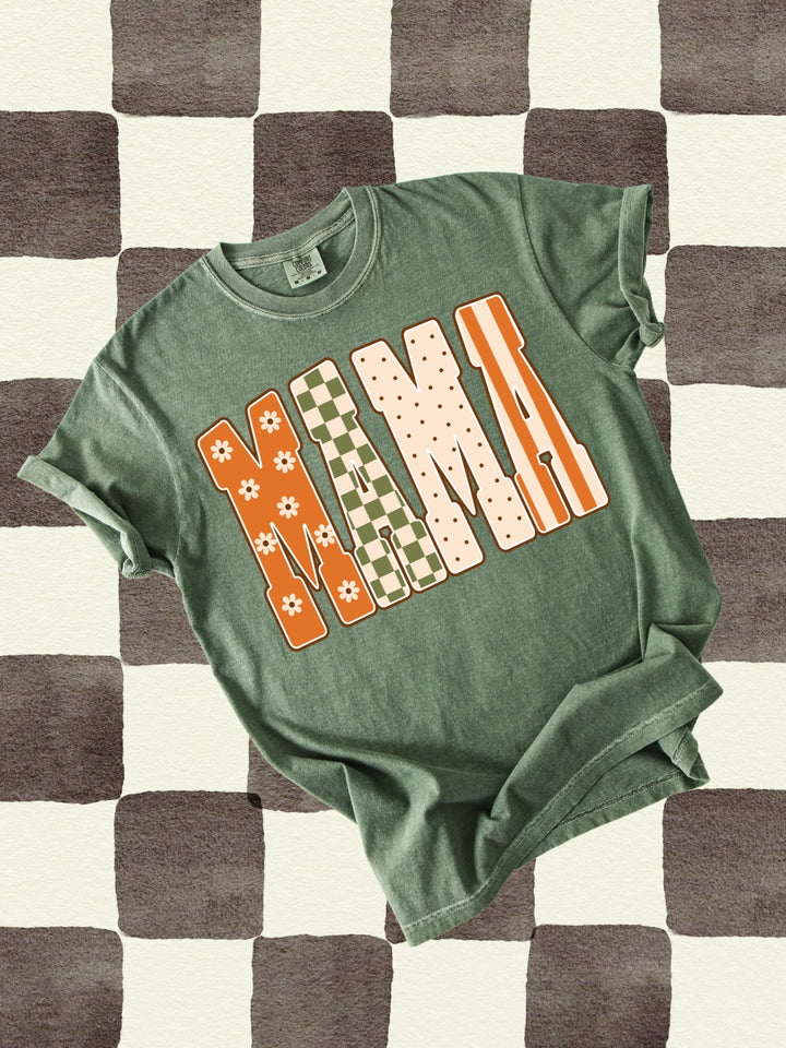 Retro MAMA Fall Floral Checkered Comfort Colors Graphic Tee