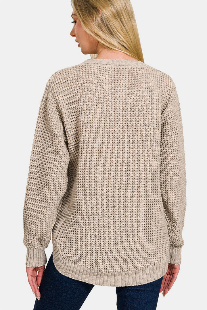 Zenana High Low Waffle Sweater In H Mocha