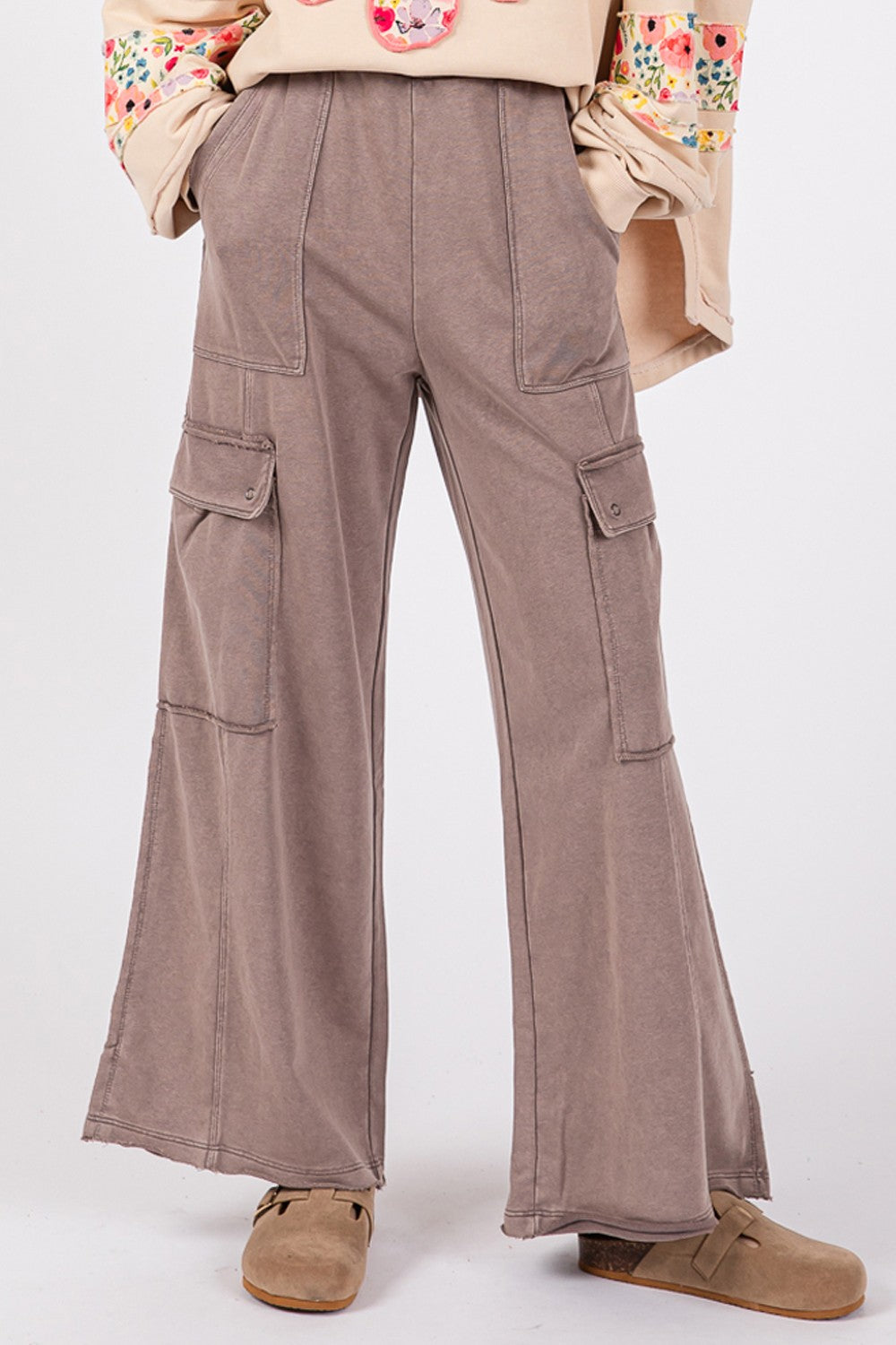 SAGE + FIG Knit Terry Mineral Wash Wide Leg Pants In Charcoal