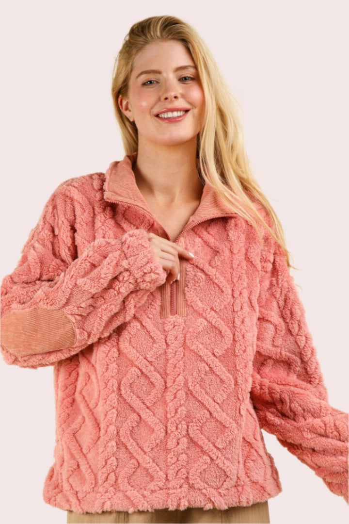 VERY J Fuzzy Fleece Half Zip Cable Pattern Sweatshirt In Blush