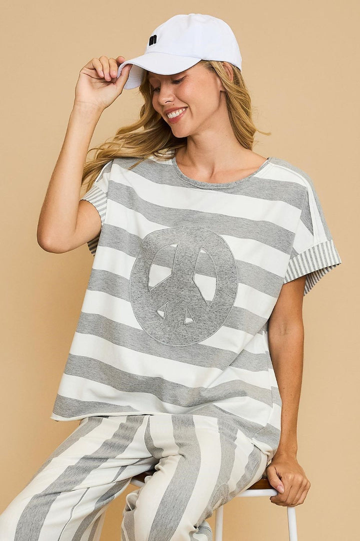 Umgee Peace Sign Patch Striped Top In Gray