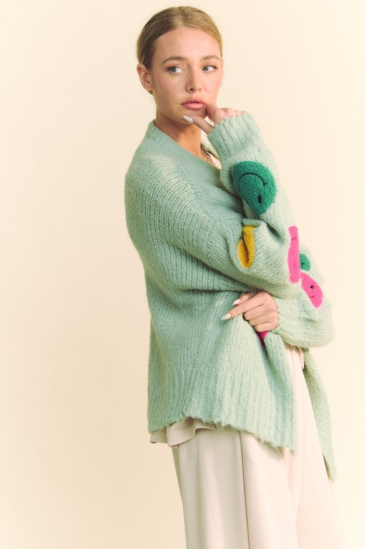 Davi & Dani Fuzzy Smile Cardigan In Sage