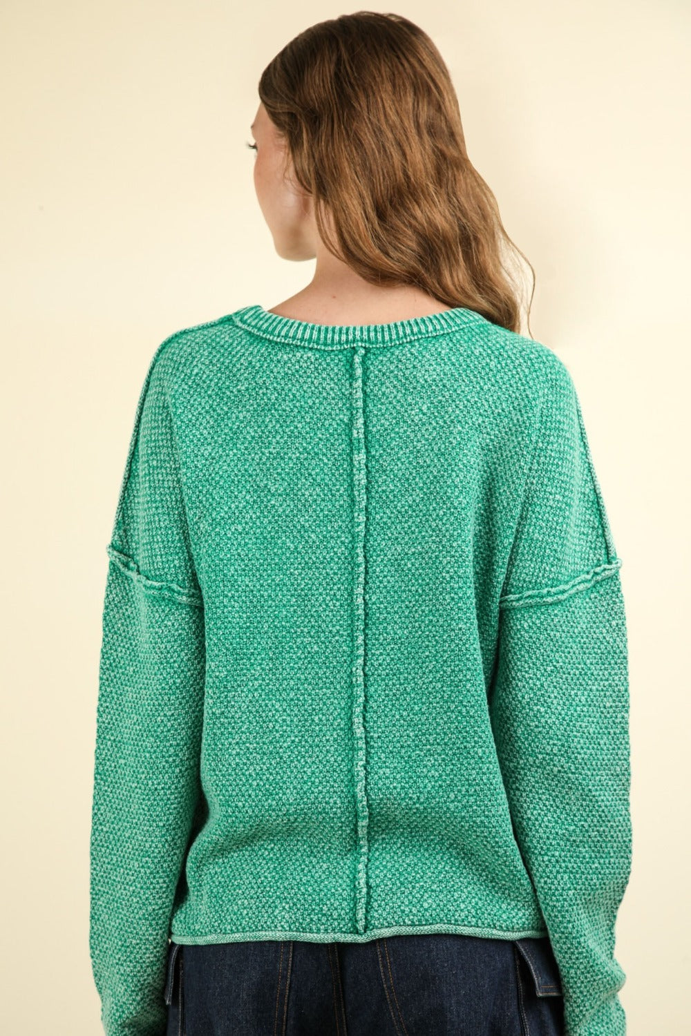 VERY J Mineral Washed Exposed Seam Sweater In Kelly Green