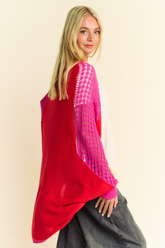 Davi & Dani Openwork Contrast Cardigan In Red