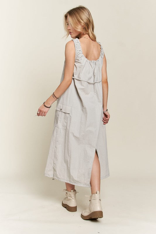 ADORA Drawstring Slit Back Cargo Dress In Lt Grey