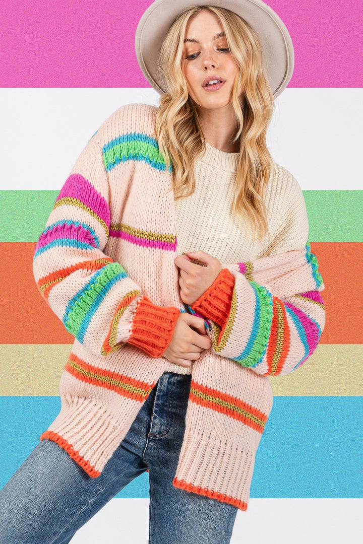 SAGE + FIG Rainbow Striped Open Front Knit Cardigan In Multi