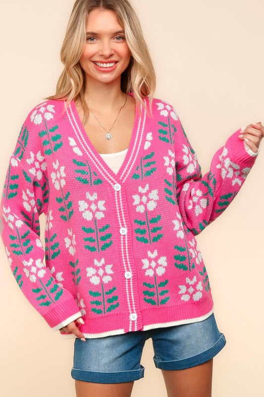 Haptics Floral Jacquard V-Neck Button Up Cardigan In Hot Pink