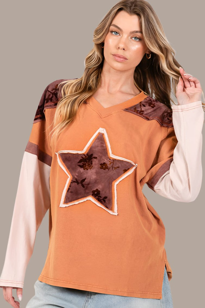 SAGE + FIG Star Patch Long Sleeve Color Block Top In Rust