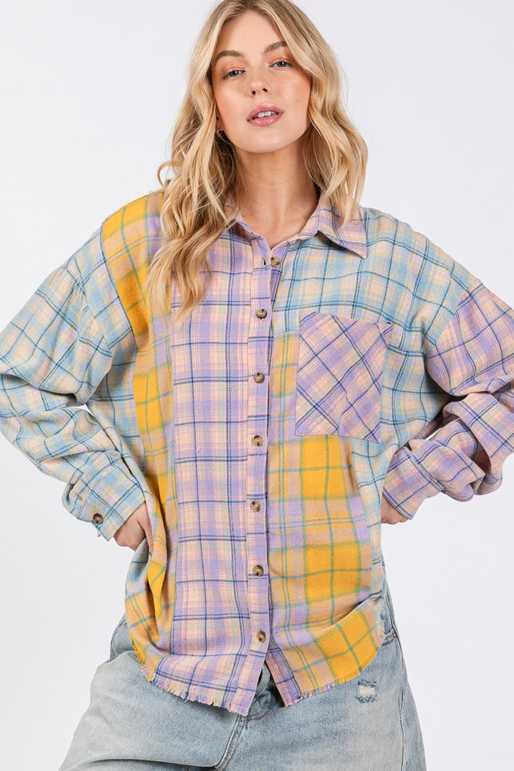 SAGE + FIG Button Up Raw Hem  Plaid Flannel Top In Lavender