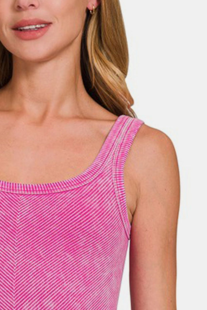 Zenana Ribbed Scoop Neck Tank In Hot Pink