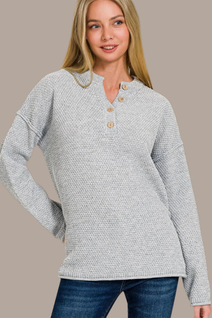 Zenana Button Closure Sweater In Grey