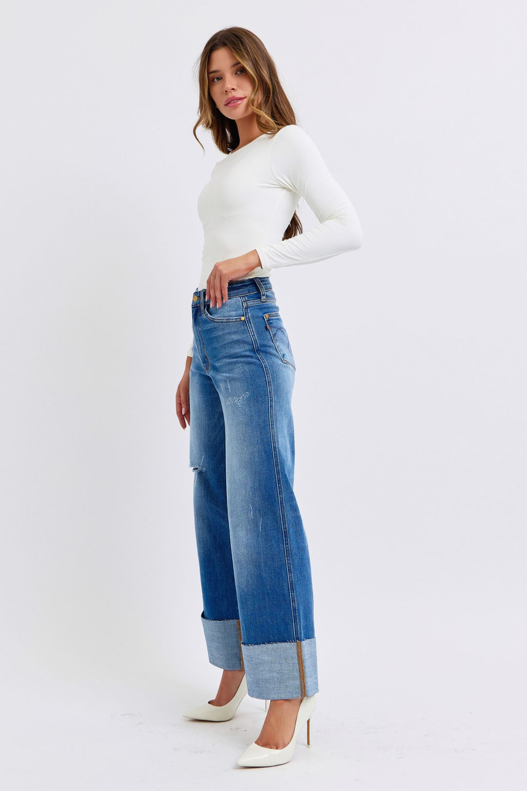 Judy Blue Daisy Distressed High Waist Wide Leg Jeans