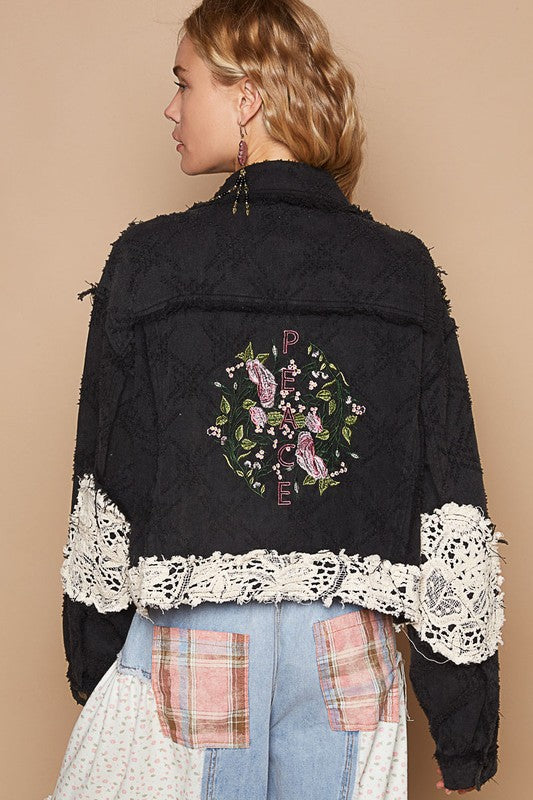 POL Crochet Patch Embroidered Button Up Jacket In Black