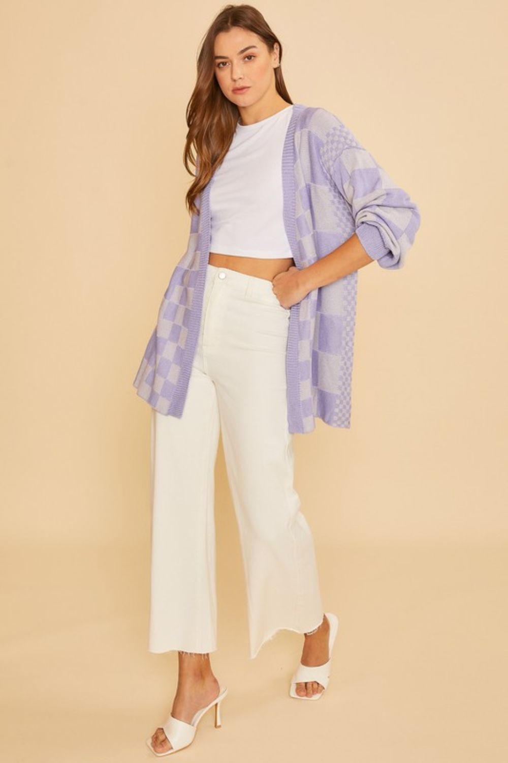 Annie Wear Checkered Cardigan In Lavender