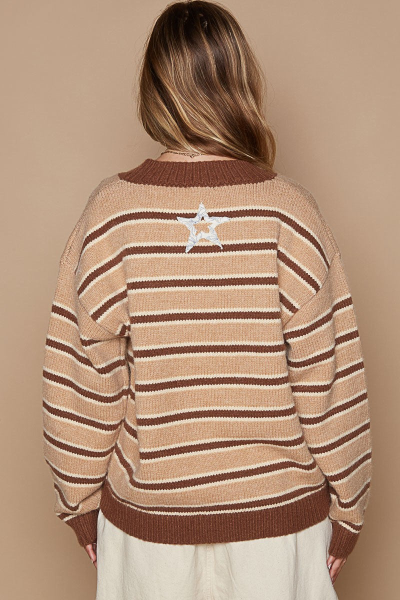 POL Star Patch Stripe Round Neck Sweater In Brown