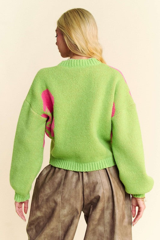 Davi & Dani Flower Contrast Cardigan In Lime