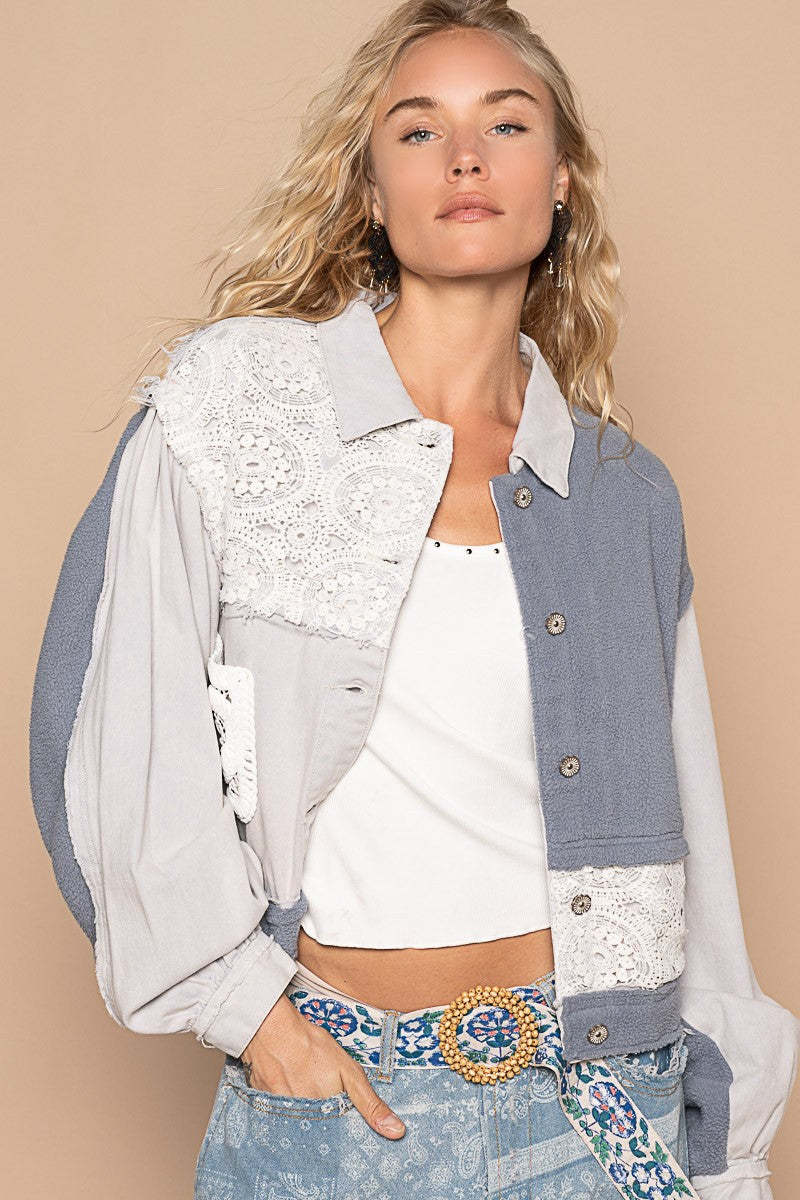 POL Crochet Patch Exposed Seam Button Up Jacket In Denim Blue