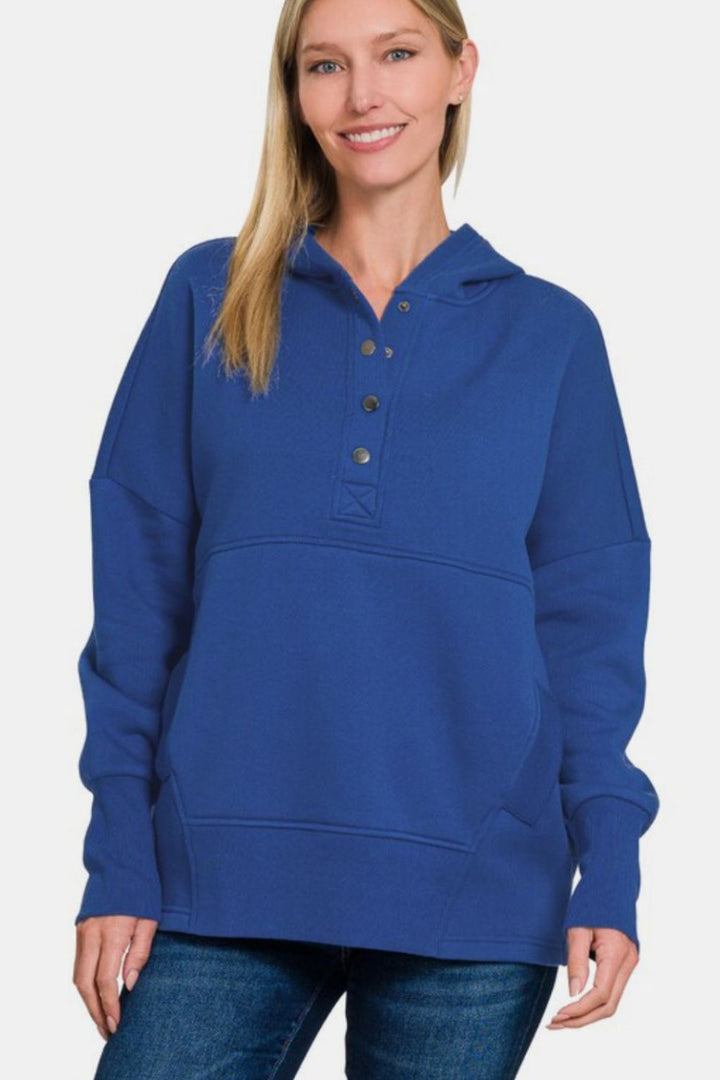 Zenana Half Snap Hoodie with Kangaroo Pocket In Navy