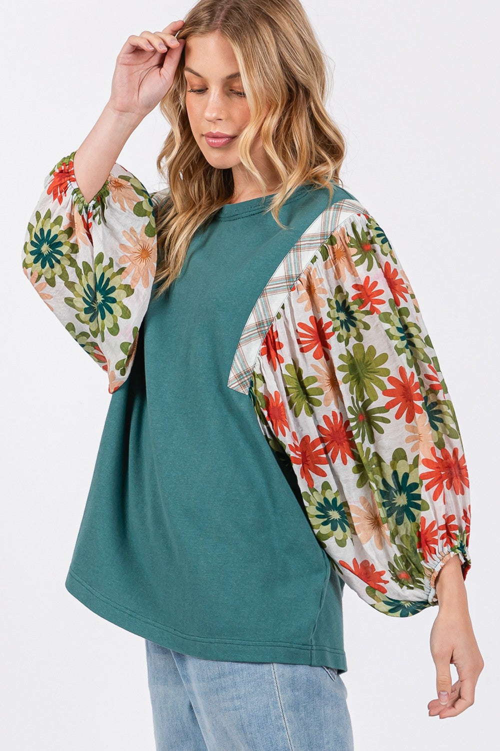 SAGE + FIG Printed Balloon Sleeve Contrast Top In Teal