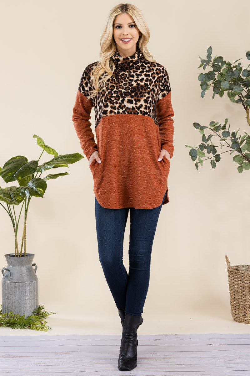 Leopard Turtleneck Blouse In Rust