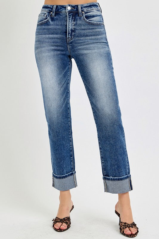 RISEN High Rise Crop Straight Roll Up Jeans In Dark Wash