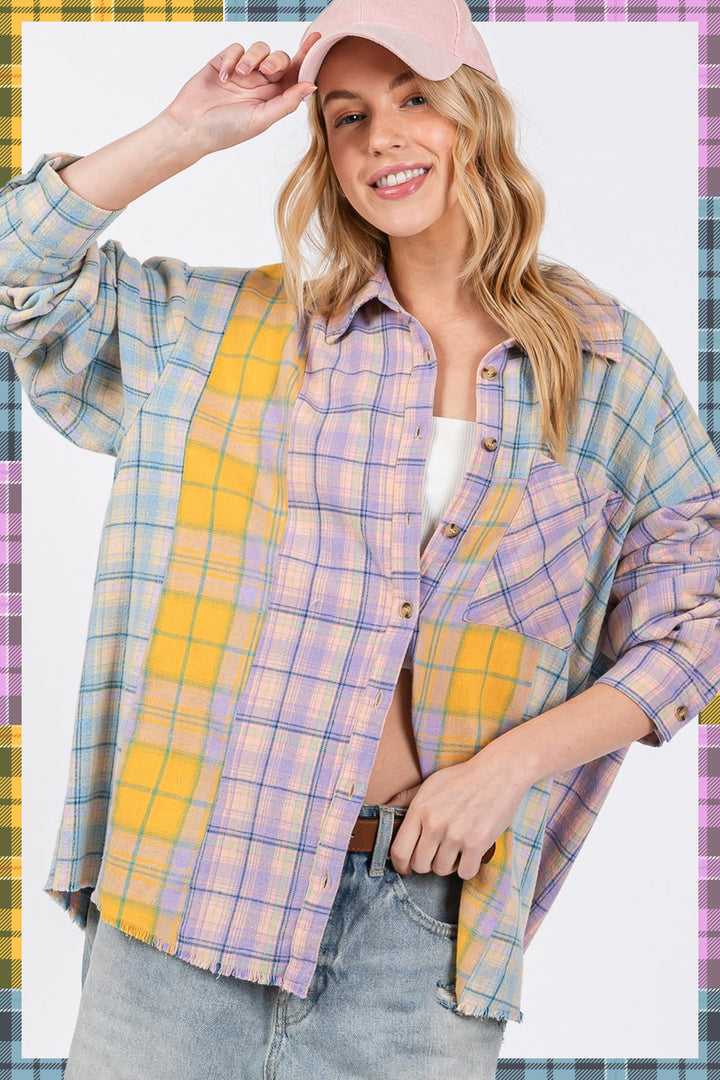 SAGE + FIG Button Up Raw Hem  Plaid Flannel Top In Lavender