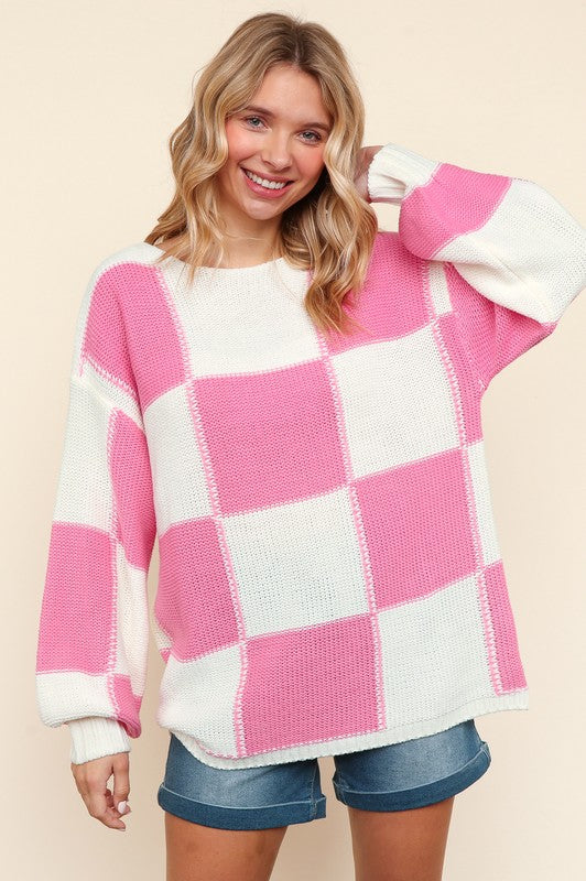 Haptics Checkered Drop Shoulder Sweater In Pink