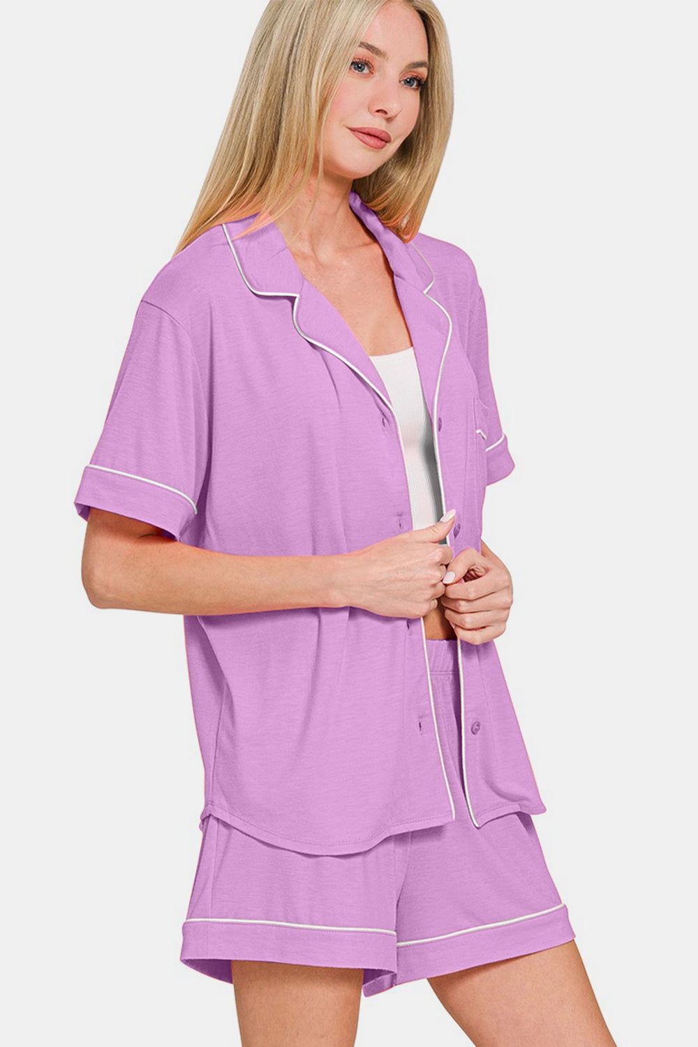 Zenana Button Down Top and Shorts Lounge Set In Heliotrope