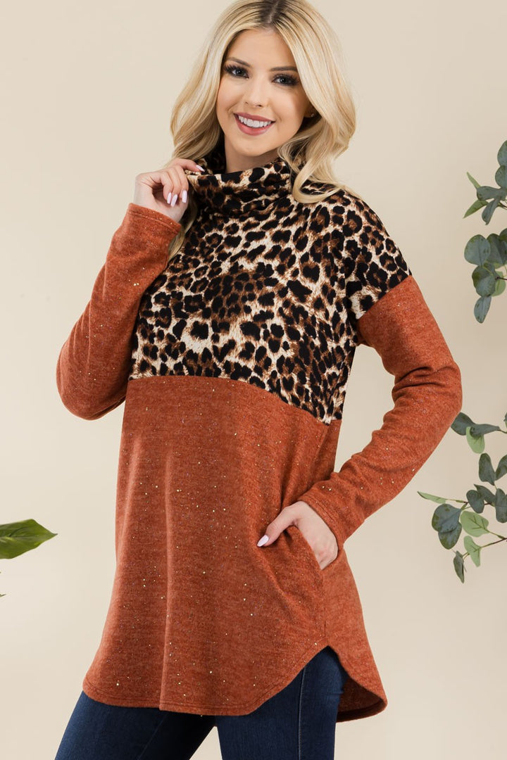 Leopard Turtleneck Blouse In Rust