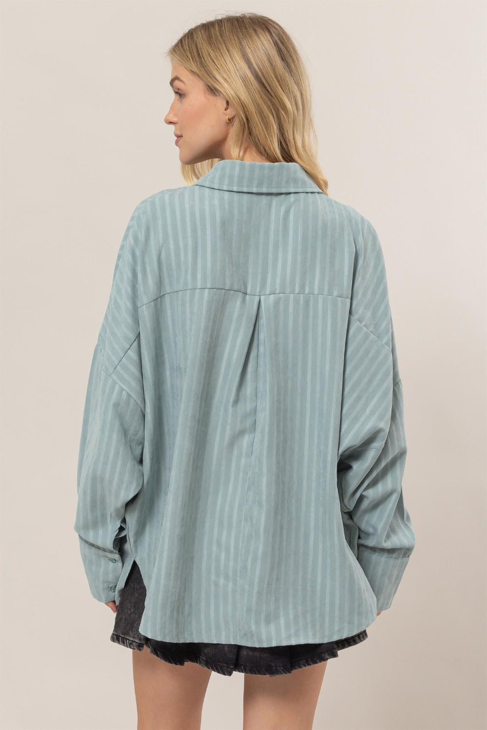 HYFVE Stripe Button Down Long Sleeve Oversized Shirt In Dusty Aqua