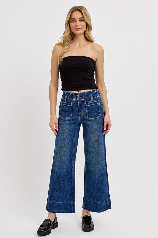 RISEN Elastic Band Wide Leg Jeans In Dark Wash