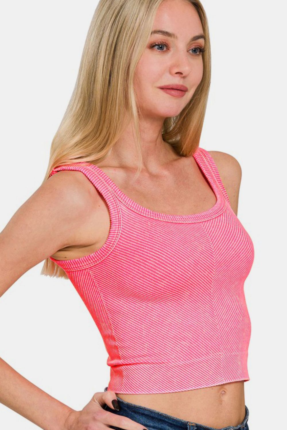 Zenana Washed Ribbed Scoop Neck Wide Strap Tank In In N Coral