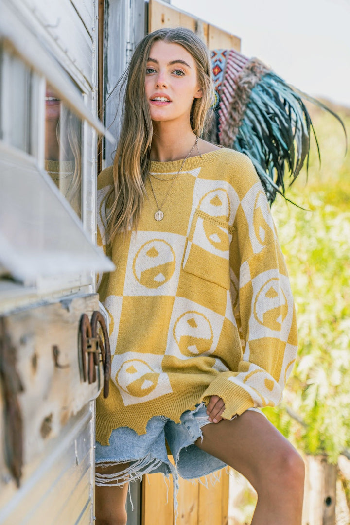 And The Why Checkerboard Sweater with Yin Yang Pattern In Mustard