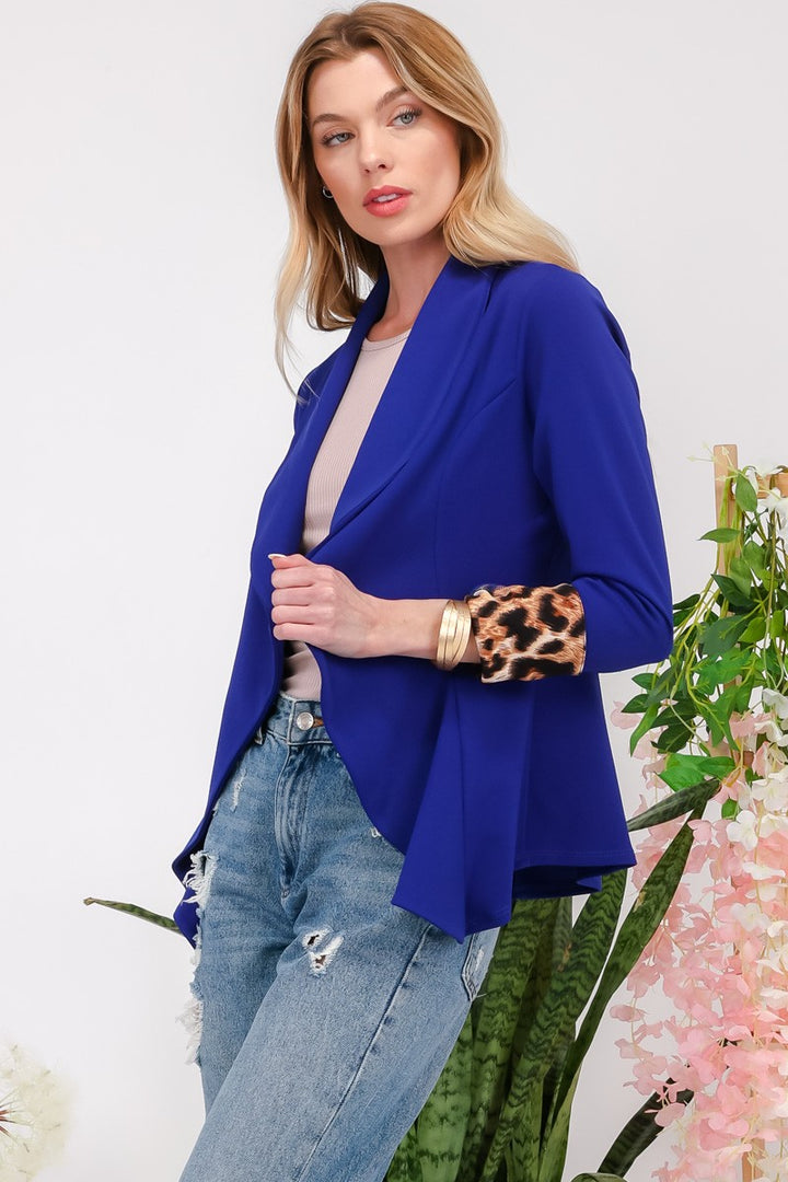 Leopard Cuff Open Front Blazer In Blue