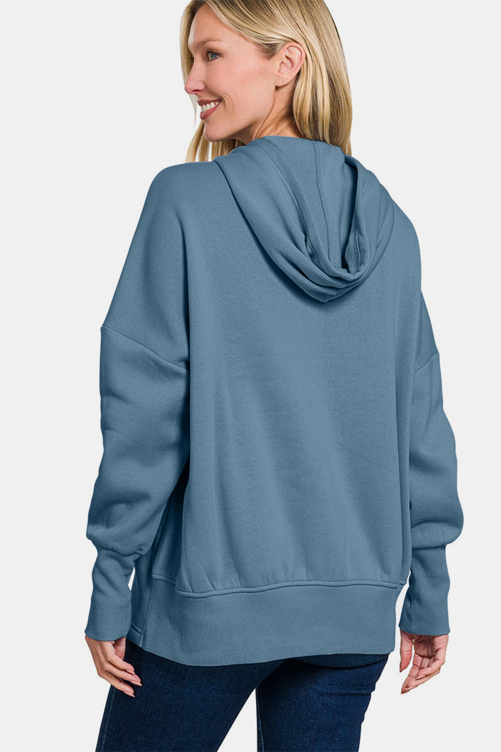 Zenana Half Snap Hoodie with Kangaroo Pocket In Dusty Blue