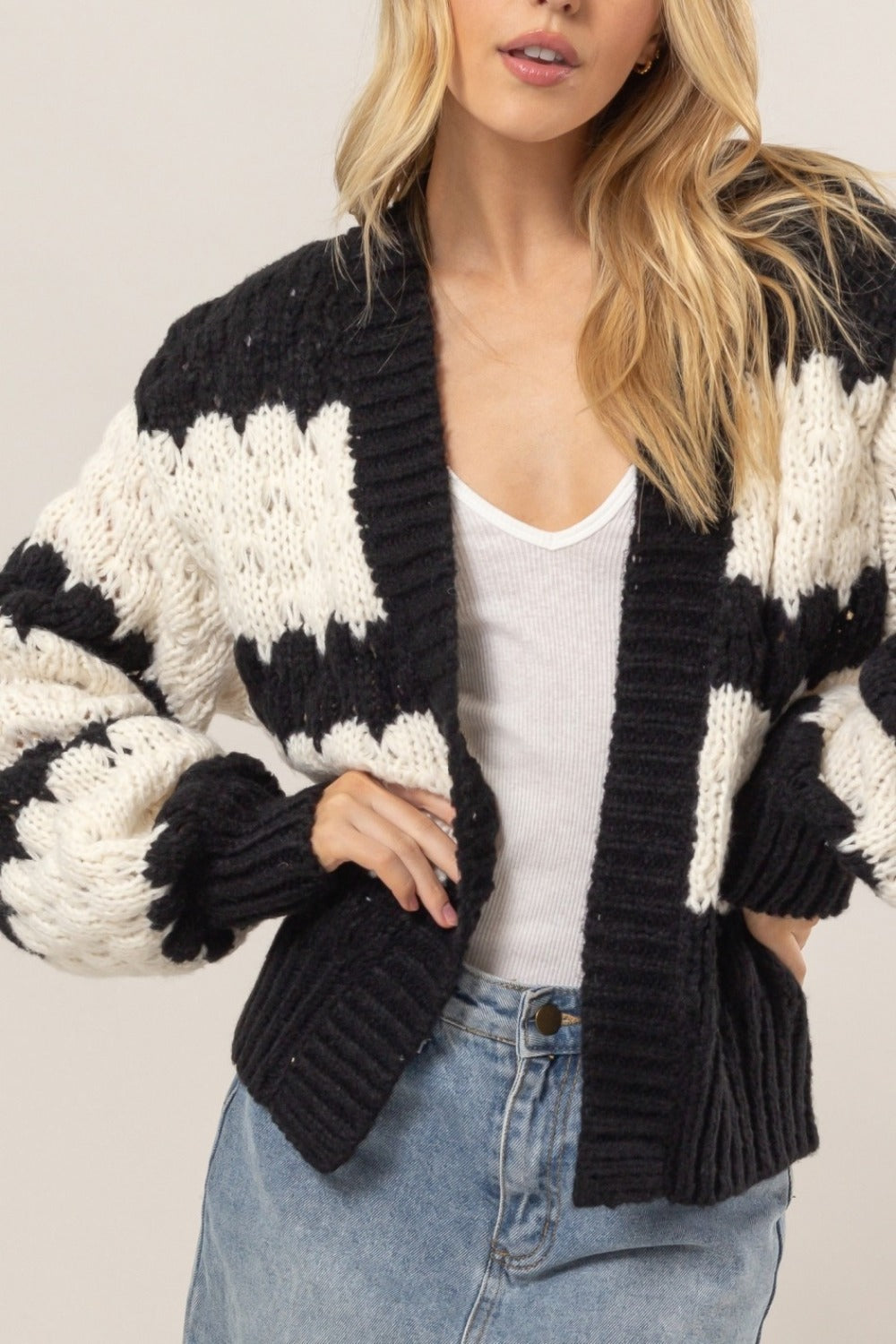 HYFVE Scallop Striped Open Front Long Sleeve Sweater Cardigan In Black